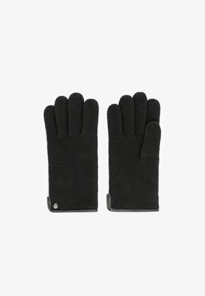 Schwarze Handschuhe aus weichem Fleece-Material mit strukturierter Oberfläche. Mit Lederakzenten am Handgelenk und einem Metall-Logodetail.