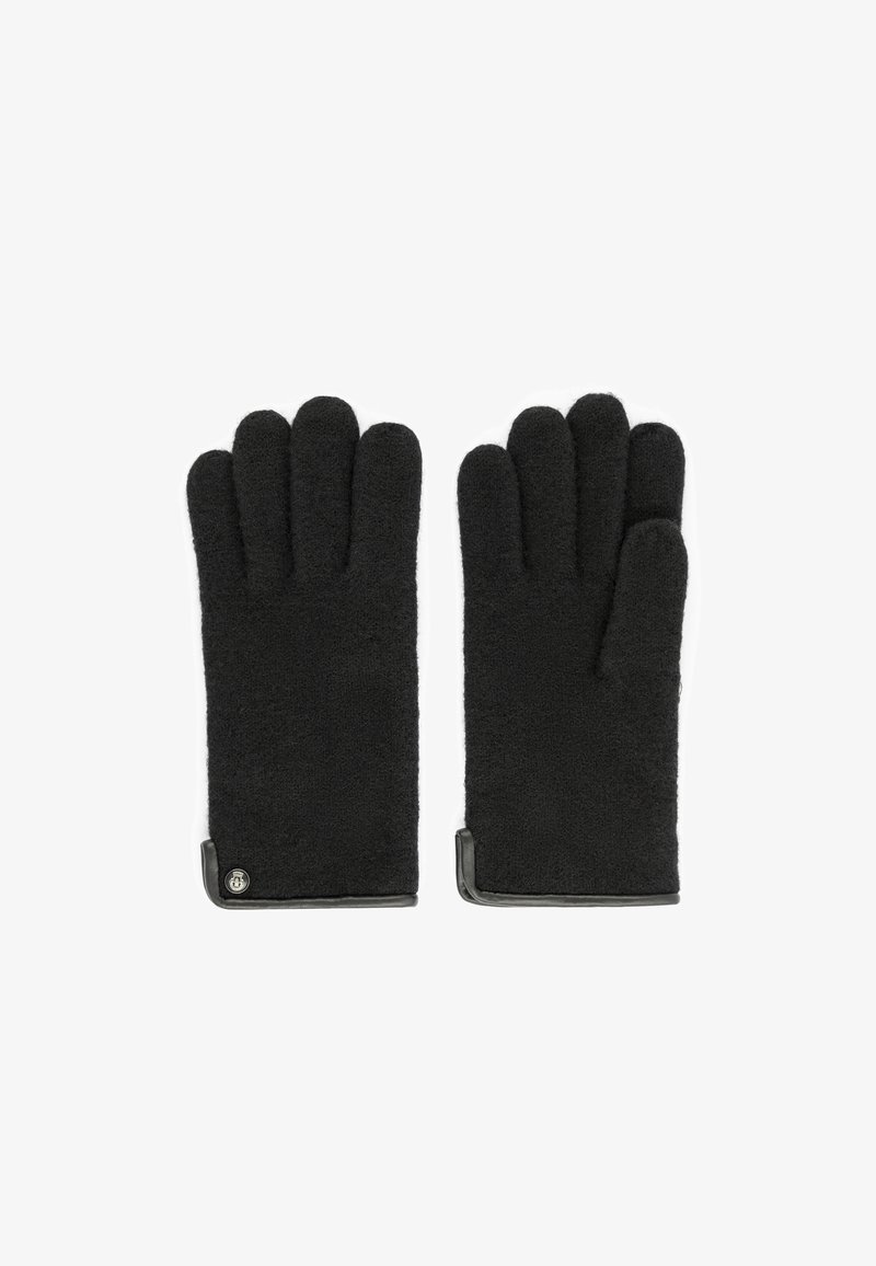 Gants noirs en matériau polaire doux avec une surface texturée. Présente des accents en cuir au niveau des poignets et un détail en métal avec logo.