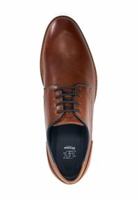 Brown leather shoe with a smooth finish. Features blue laces, round toe, and a textured sole. Logo visible on the insole.