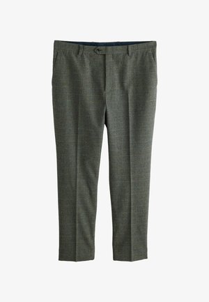 Maßgeschneiderte Herrenhose in grauem und schwarzem Mikro-Karomuster mit Gürtelschlaufen, Seitentaschen und vorderer Knopfleiste.