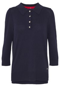 Mörkblå långärmad polo skjorta med fyra silverknappar och krage, med en liten logotyp vid nederkanten.