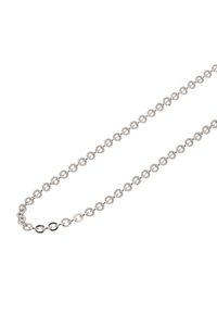 Zilveren metalen ketting met schakelvormen in de vorm van cirkels, een gladde textuur, een uniform ontwerp en een reflecterend oppervlak.