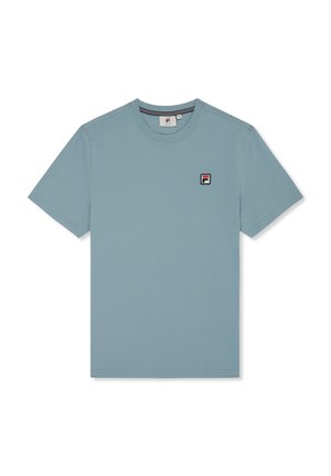 Camiseta de algodón de manga corta en azul cielo, con cuello redondo y un pequeño logotipo bordado en el lado izquierdo del pecho.