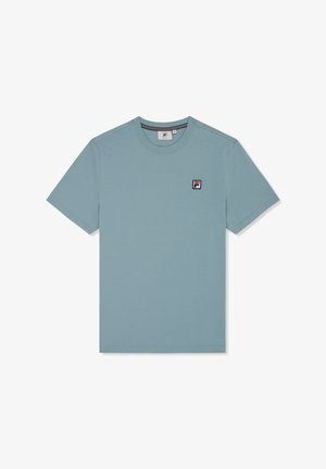 Hemelsblauwe T-shirt met korte mouwen van katoen, met een ronde halslijn en een klein geborduurd logo op de linkerborst.