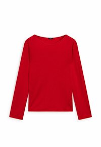 Haut rouge à manches longues en coton, avec un col rond et une coupe décontractée, sans motifs visibles ni accents matériels.