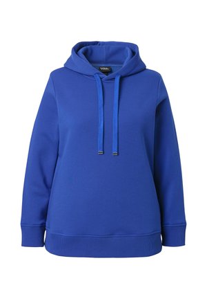 Blauwe capuchontrui gemaakt van een zachte katoenmix. Voorzien van trekkoorden met metalen uiteinden, lange mouwen en geribbelde boorden en zoom.