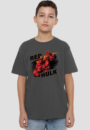 Gray cotton t-shirt featuring a graphic of a red and orange character with the text "RED HULK" in bold, black lettering. Short sleeves and relaxed fit.