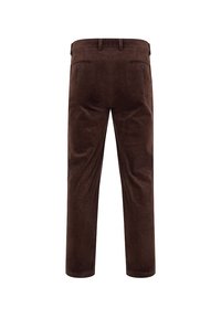Brązowe spodnie sztruksowe o prostym kroju, z paskiem w talii i dwoma tylnymi kieszeniami zapinanymi na guziki, posiadające miękką, teksturowaną powierzchnię.
