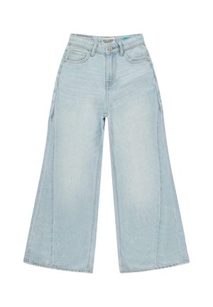 Lichtblauwe wijde spijkerbroek van denim met een hoge taille, twee voorkanten zakken, een knopenluiting en stiksel details langs de naden.