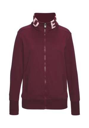 Burgundy zip-up jacket with a high collar featuring a white logo inside. Smooth fabric, side pockets, and ribbed cuffs and hem.