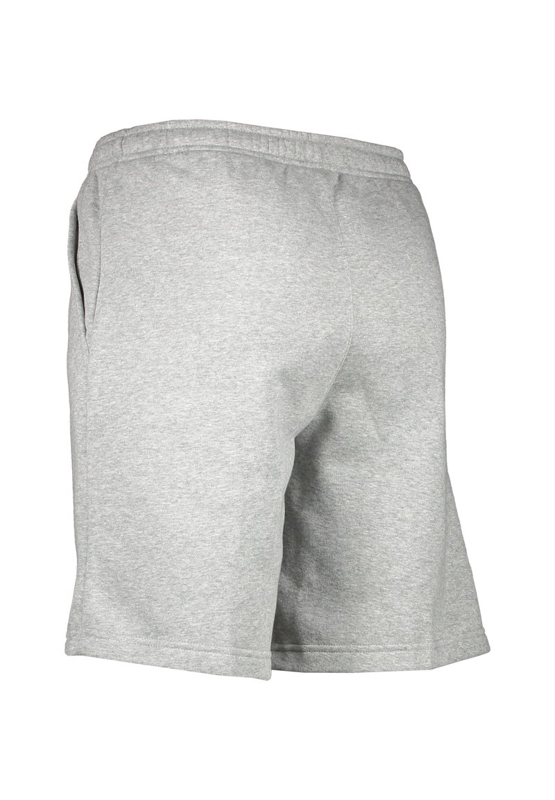 Graue Baumwollshorts mit einem elastischen Bund, seitlichen Taschen und einem entspannten Schnitt. Sie verfügen über eine glatte Textur und eine genähte Saumdetails.
