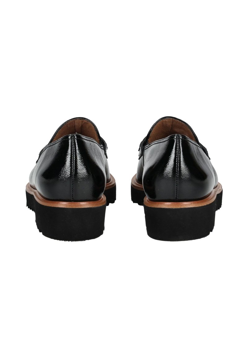 Black leather shoes with a glossy finish, round toe, and a brown layered sole. Textured detailing on the upper and a classic design.