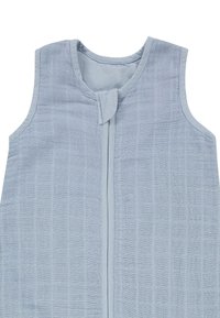 Light blue sleeveless garment with a textured finish, featuring a central closure and a subtle grid pattern throughout.