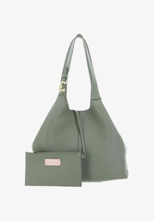 Sac à main en cuir vert au design décontracté, avec une bandoulière unique et des accessoires en or. Comprend une pochette zippée assortie.
