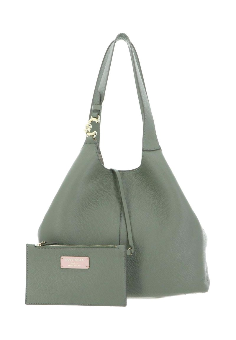 Sac à main en cuir vert au design décontracté, avec une bandoulière unique et des accessoires en or. Comprend une pochette zippée assortie.