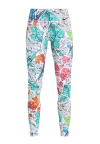 Tights featuring a colorful diamond pattern with shades of aqua, orange, pink, and green on a white base; made from stretchy fabric.