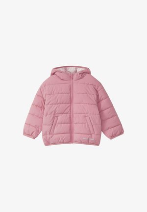 Hellrosa gesteppte Kapuzenjacke mit vorderem Reißverschluss und zwei schrägen Seitentaschen, speziell für Kinder entworfen.