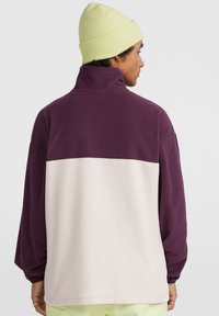 Maglione in pile di un viola scuro con un pannello orizzontale color crema. Presenta un colletto alto e una vestibilità rilassata. Accompagnato da un berretto verde chiaro.