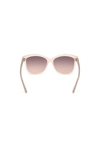 Ochelari de soare roz deschis cu lentile maro degradé, formă rotundă și brațe subțiri, netede, care prezintă un design minimalist.
