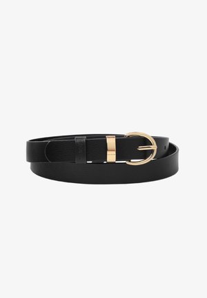 Black leather belt with a smooth texture, featuring a gold-tone metal buckle and a sleek, minimalist design. The belt is fully adjustable.