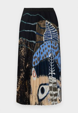 Pleated skirt with abstract blue, beige, brown, and black patterns resembling eyes, leaves, and dots on a dark background.