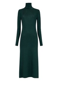 Robe à manches longues, de couleur vert foncé, avec un col montant, fabriquée dans un tissu pailleté et texturé, silhouette ajustée et longueur à la cheville.
