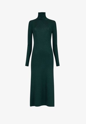 Langarmige, donkergroene jurk met een hoge halslijn, gemaakt van een sprankelende, gestructureerde stof, aansluitende silhouet en enkelvoudig ontwerp.