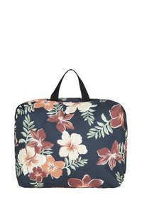 Floral-patterned rectangular bag with a dark blue background, featuring large light and dark flowers and green leaves; includes a top handle.