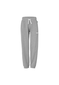 Grijze sweatpants van zacht materiaal, met een trekkoord in de taille, taps toelopende pijpen en een wit logo op de dij.