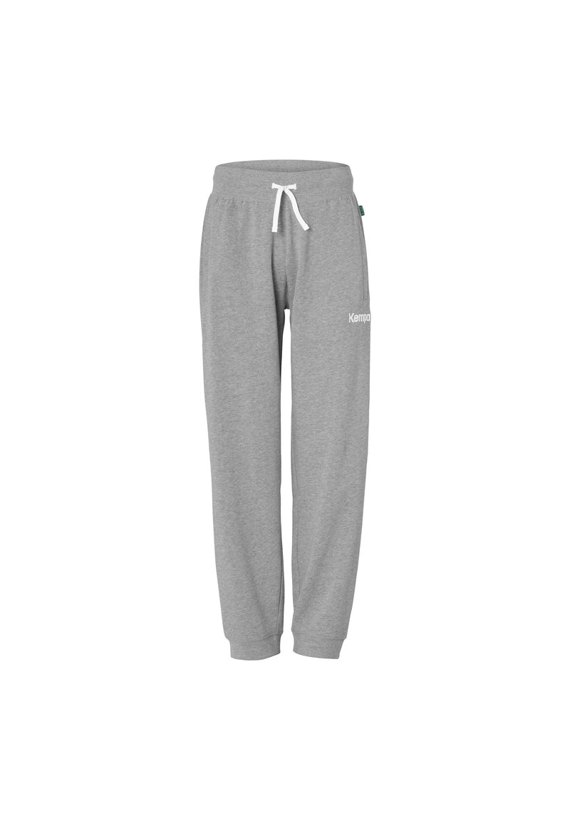 Grijze sweatpants van zacht materiaal, met een trekkoord in de taille, taps toelopende pijpen en een wit logo op de dij.