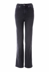 Black straight-leg jeans made of denim, featuring a high waist, five pockets, and silver hardware accents. Smooth fabric with slight stretch.