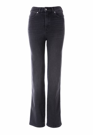 Jean droit noir en denim, avec taille haute, cinq poches et accents en métal argenté. Tissu lisse avec un léger stretch.