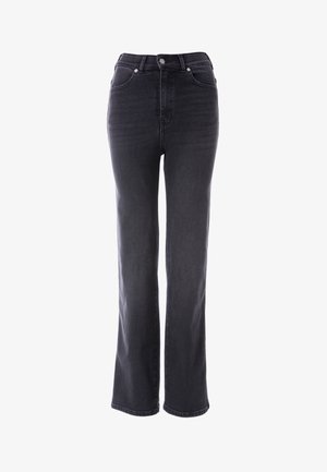 Zwarte spijkerbroek met rechte legs, gemaakt van denim, met een hoge taille, vijf zakken en zilveren hardware accenten. Gladde stof met een lichte rek.