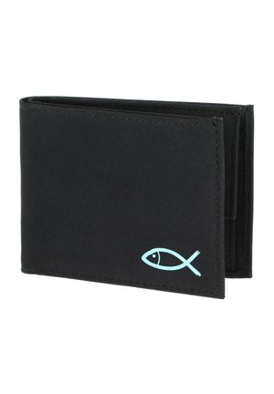 Black bifold wallet with a small light blue Christian fish symbol embossed on the lower right corner.