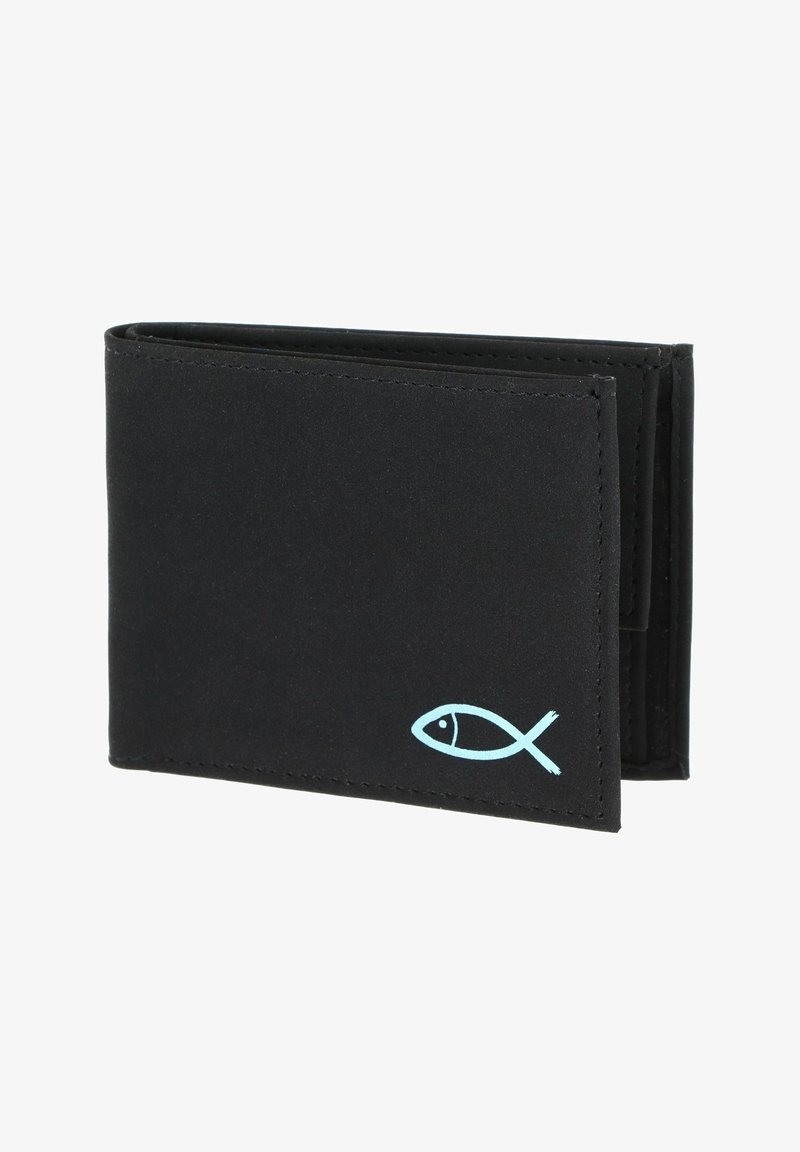 Portefeuille noir bifold avec un petit symbole de poisson chrétien bleu clair embossé dans le coin inférieur droit.