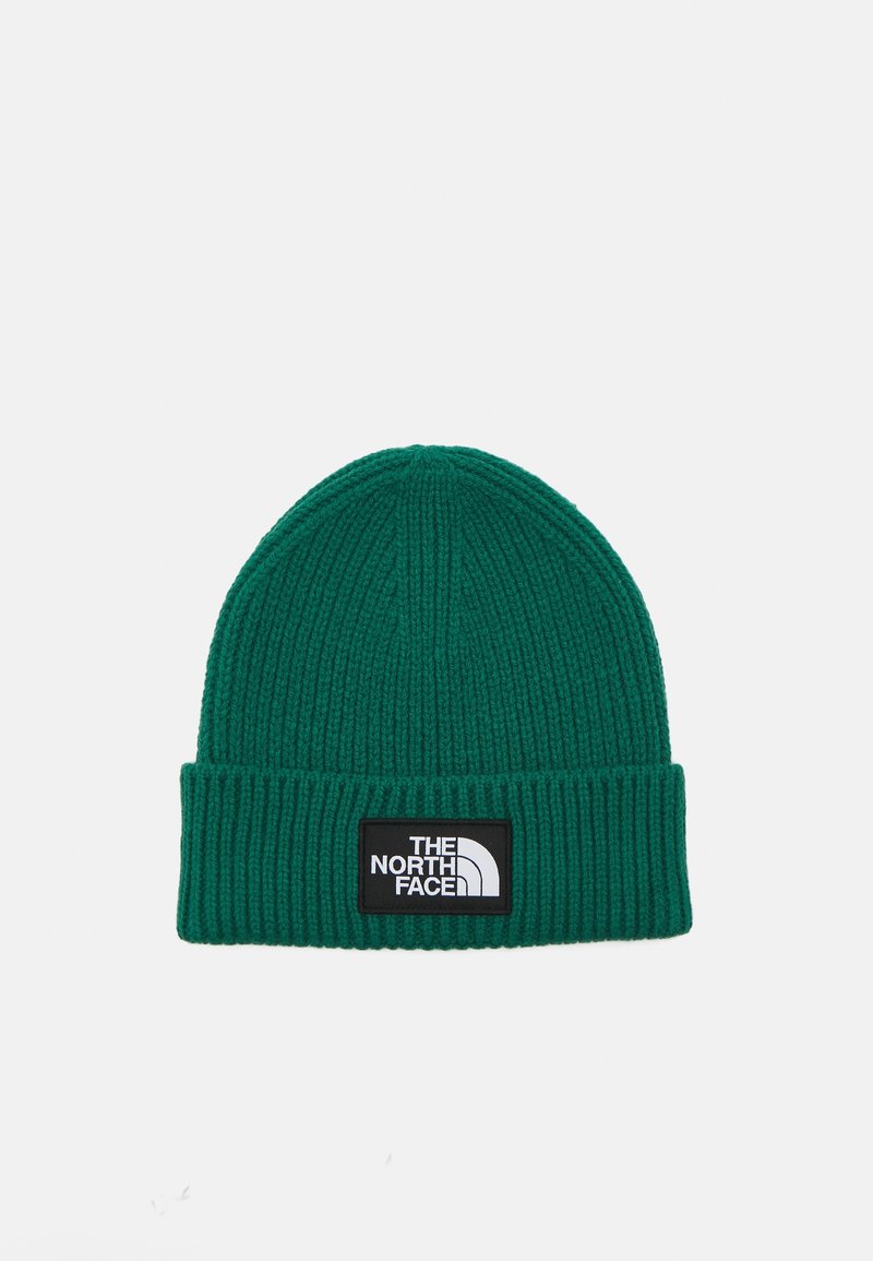 Bonnet en tricot côtelé vert avec un revers plié, arborant un patch logo The North Face noir et blanc centré à l'avant.