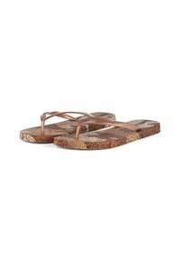 Brown flip-flops with a patterned footbed featuring animal textures; thin straps are slightly translucent. The sole is textured for grip.