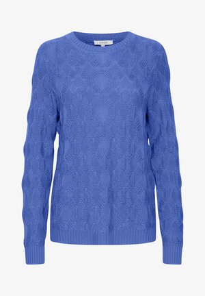 Hele sinine kootud sviiter, millel on struktureeritud geomeetriline muster, soonikkoes ümmargune kaelus ja soonikkoes mansetid ning ääred. Valmistatud pehmest ja hingavast materjalist.