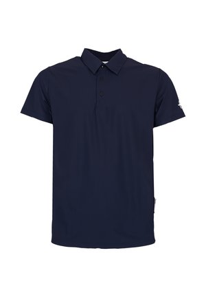 Navyblauw poloshirt met korte mouwen, kraag, drie knopen en een klein wit logo op de linker mouw.