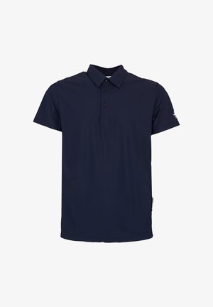 Navyblauw poloshirt met korte mouwen, kraag, drie knopen en een klein wit logo op de linker mouw.