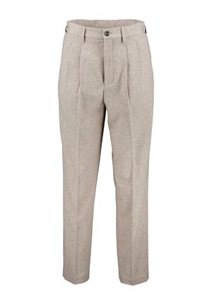 Beige maßgeschneiderte Hose mit Falten, Gürtelschlaufen und Knopfverschluss in der Taille, vor weißem Hintergrund gezeigt.