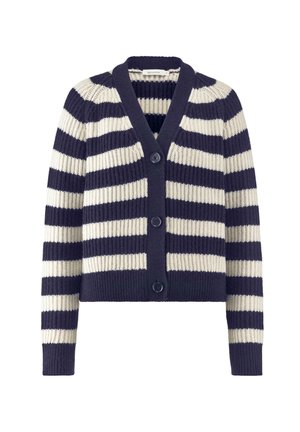 Navy- und cremefarbener gestreifter Cardigan mit geripptem Textur, V-Ausschnitt und fünf Knöpfen auf der Vorderseite. Mit langen Ärmeln und einer kurzen Passform.