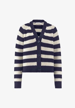 Navy- und cremefarbener gestreifter Cardigan mit geripptem Textur, V-Ausschnitt und fünf Knöpfen auf der Vorderseite. Mit langen Ärmeln und einer kurzen Passform.