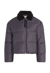 Wypełniona, ciemnoszara, krótka kurtka z czarnym, puszystym kołnierzem i przednim zamkiem błyskawicznym, z logiem Calvina Kleina na uchwycie zamka.