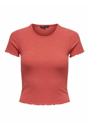 Haut coral à manches courtes, en côtes, avec un col rond et des bords festonnés, fabriqué à partir d'un matériau doux et extensible. Style ajusté, avec un minimum de détails.