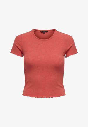 Haut coral à manches courtes, en côtes, avec un col rond et des bords festonnés, fabriqué à partir d'un matériau doux et extensible. Style ajusté, avec un minimum de détails.