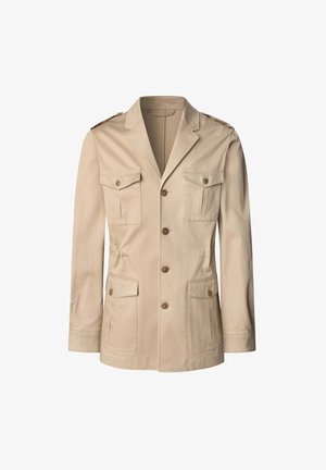 Helle beige Jacke aus strukturiertem Stoff. Verfügt über einen Reverskragen, vier frontale Taschen und einen Knopfverschluss. Schlichtes, funktionales Design.
