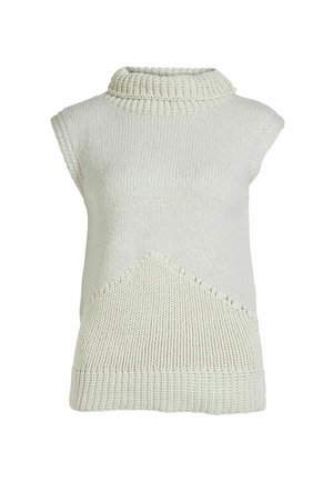 Gilet en maille crème sans manches avec un col montant et un motif côtelé à l'ourlet et sur la partie supérieure de la poitrine.