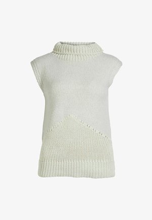 Gilet en maille crème sans manches avec un col montant et un motif côtelé à l'ourlet et sur la partie supérieure de la poitrine.