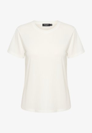 White cotton t-shirt with short sleeves and a round neckline. Features a label reading "SOAKED" inside the collar. Simple, smooth texture.